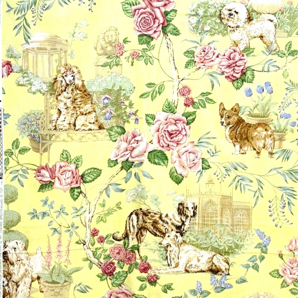 Vintage Cottagecore Farmhouse Linen Fabric Dogs Floral Margarita Spectrum 3 Yds